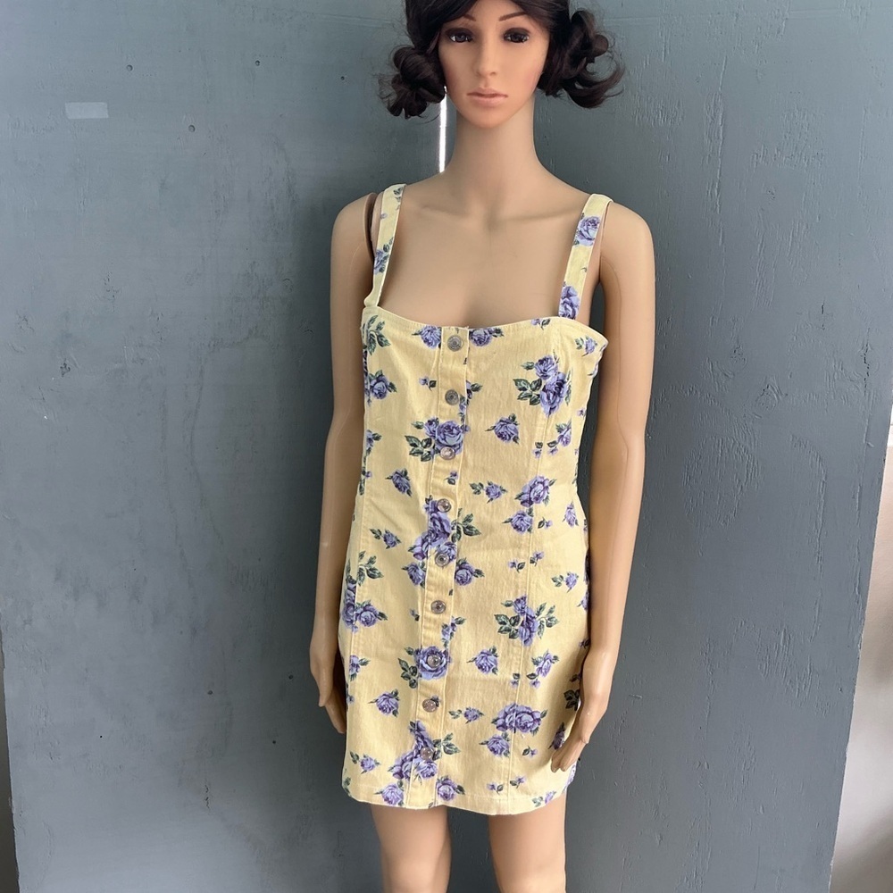 Forever 21 Yellow Floral Midi Denim Stappy Dress New With Tags Size Large